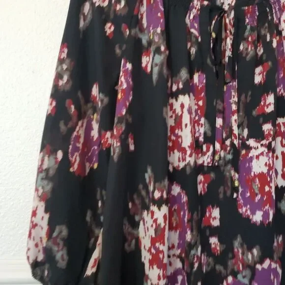 Daniel Rainn Top Long Sleeves Neckline‎ Tie Accent Chiffon Black Abstract Sz L - Picture 3 of 13